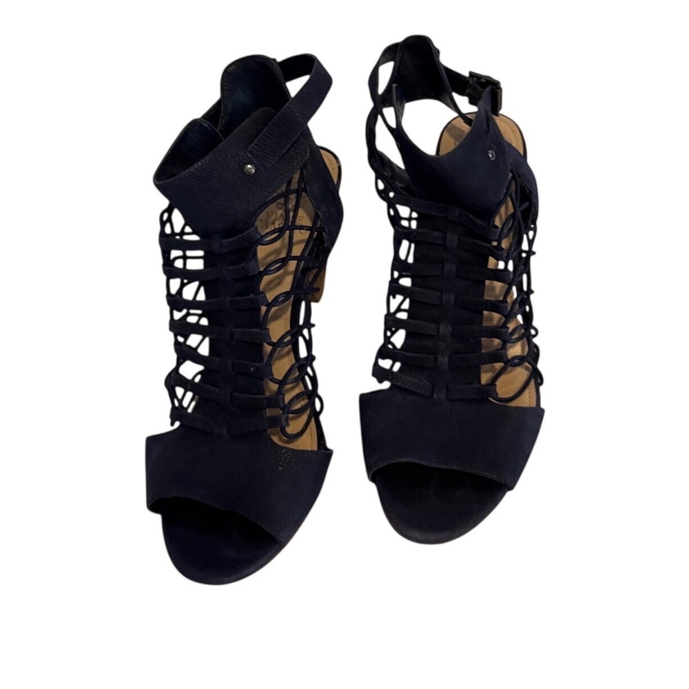 Vince Camuto Navy Blue Boho Strappy Cage Gladiator Suede Block Heel Sandals 9.5M